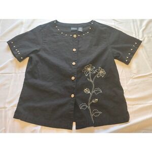 Vtg Y2K Erika Button-Up Top Small Black Short Sleeve‎ Linen Blend Embroidered